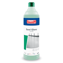 We present the floor cleaner Buzil Suwi Glanz G 210 Wischpflege from BUZIL-WERK Wagner GmbH & Co. KG, available in a 1-liter bottle. This floor cleaner is specially designed for cleaning maintenance and features packaging with a pH indicator and a VOC symbol as well as cleaning images. The light green bottle with a dark green cap is specially designed for the exceptional care of surfaces made of non-water-soluble polymers and waxes.