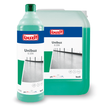 On a large green container and a green bottle, both labeled "Buzil Unibuz G 235 Floor Care Based on Water-Soluble Polymers" by BUZIL-WERK Wagner GmbH & Co. KG, there is a photo of a spotless floor. The accompanying text emphasizes pH neutrality and "streak-free cleanliness," with symbols indicating enhanced cleaning properties through water-soluble polymers.