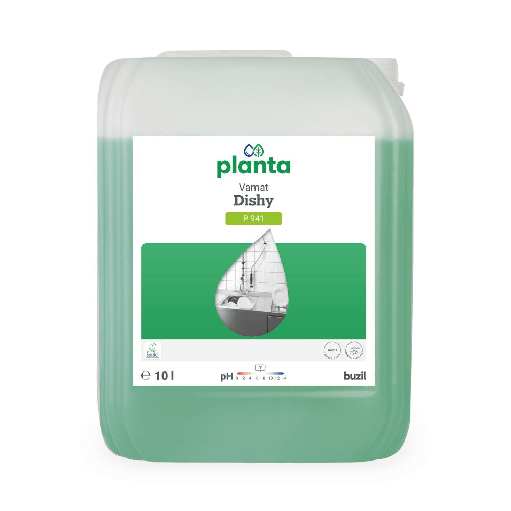 A 10-liter container of the green Buzil Vamat® Dishy P 941 Ecological Dishwashing Liquid and Neutral Cleaner is labeled with a sink symbol and symbols for industrial cleaning. The product is biodegradable, has a pH value of 7, and the brand “BUZIL-WERK Wagner GmbH & Co. KG” is prominently displayed on the lower right.