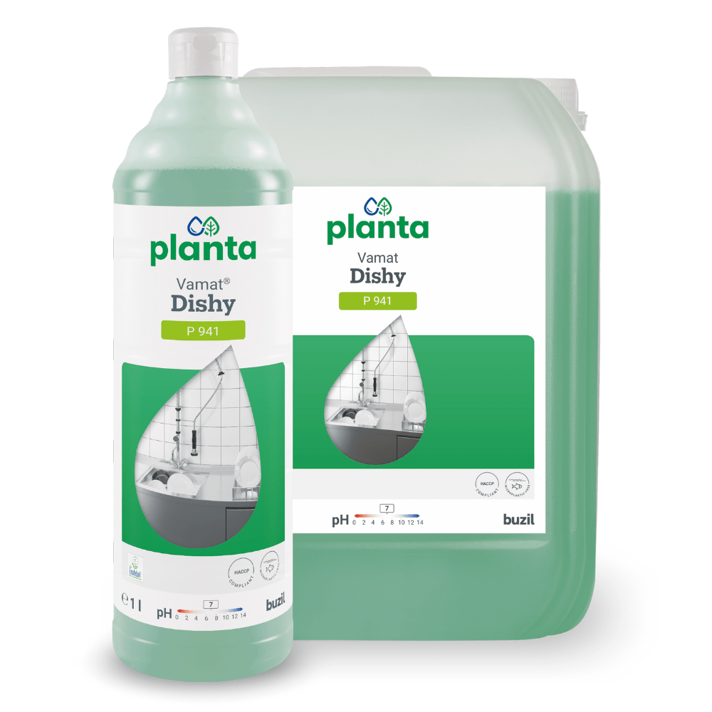 Buzil Vamat® Dishy P 941 Ecological Dishwashing Liquid and Neutral Cleaner from BUZIL-WERK Wagner GmbH & Co. KG is available both in a bottle and a large container with green packaging and a white label featuring the image of a kitchen sink. This eco-friendly dishwashing liquid maintains its effective performance with its neutral pH value of 7.