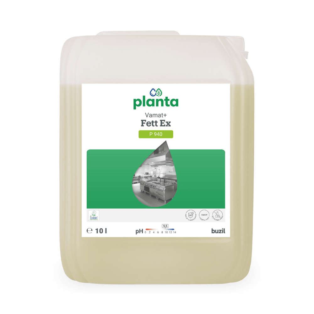 The rectangular container of the 10-liter kitchen and grease cleaner Buzil Vamat®+ Fett Ex P 940 Ecological Kitchen & Grease Cleaner is labeled with a kitchen image and pH value information. The effective cleaning agent from BUZIL-WERK Wagner GmbH & Co. KG is equipped with a screw cap for convenient use.