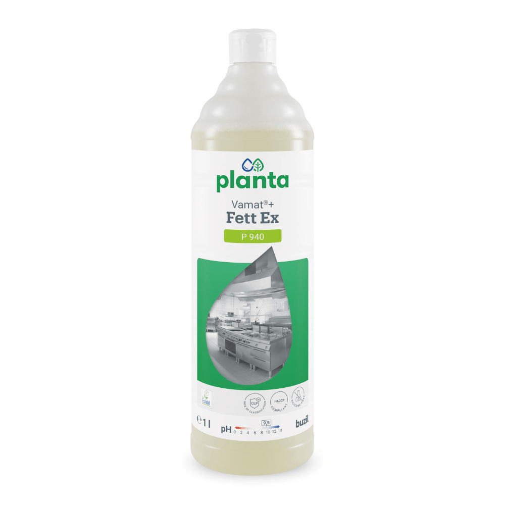 A 1-liter bottle of Buzil Vamat®+ Fett Ex P 940, an effective grease cleaner from BUZIL-WERK Wagner GmbH & Co. KG, is presented. The label features a green logo, the product name, and an image of a spotless commercial kitchen. This environmentally friendly kitchen cleaner is packaged in a white bottle with a screw cap.