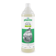 A 1-liter bottle of Buzil Vamat®+ Fett Ex P 940, an effective grease cleaner from BUZIL-WERK Wagner GmbH & Co. KG, is presented. The label features a green logo, the product name, and an image of a spotless commercial kitchen. This environmentally friendly kitchen cleaner is packaged in a white bottle with a screw cap.