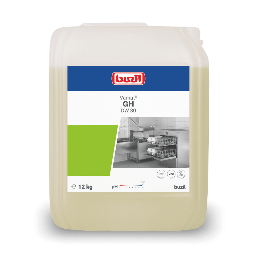 On a white 12-kg container labeled “Buzil Vamat® GH DW 30 Liquid Dishwashing Detergent, Highly Alkaline” from BUZIL-WERK Wagner GmbH & Co. KG, there is a label with a product image and symbols for pH value and safety instructions.
