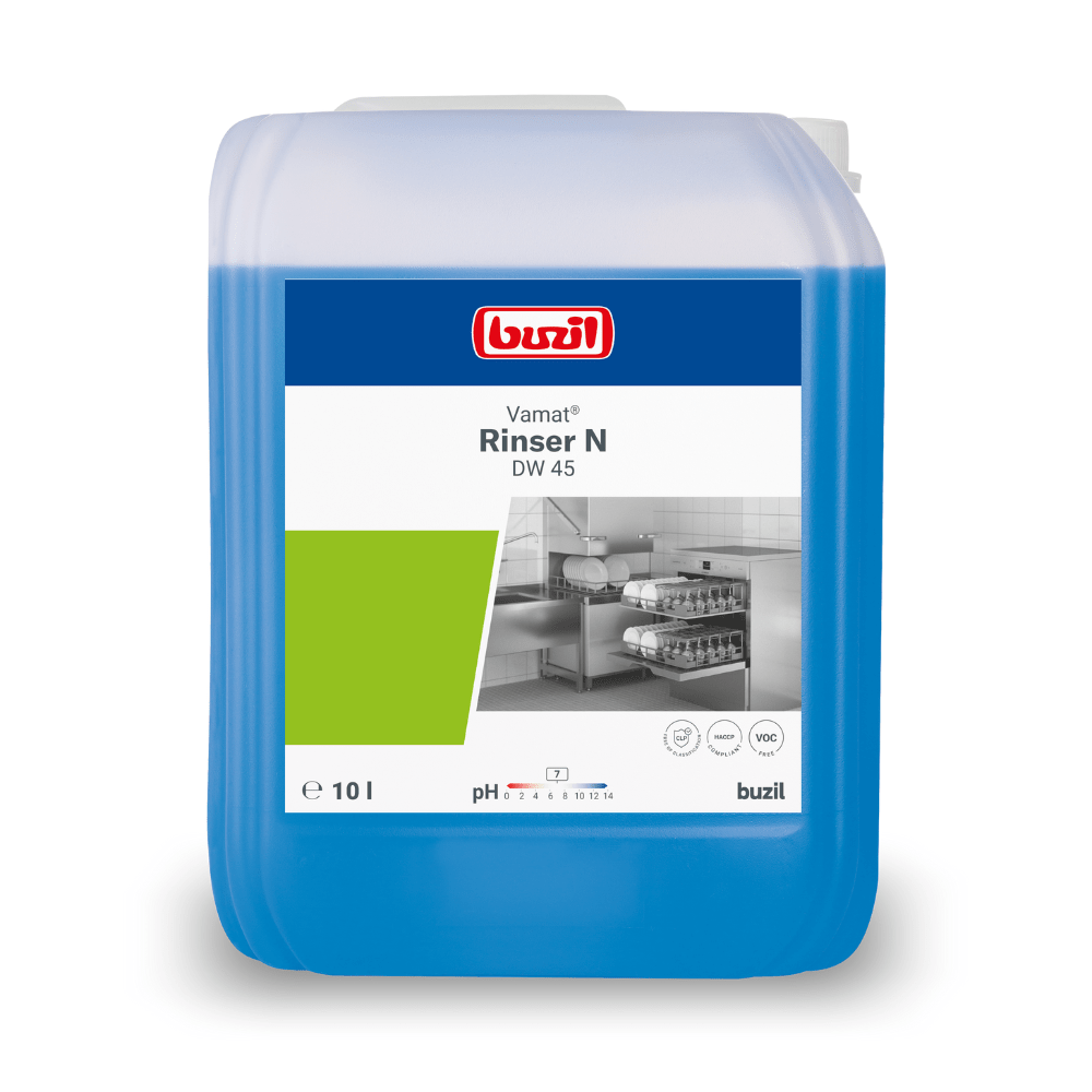 A 10-liter canister of Buzil Vamat® Rinser N DW 45 Rinse Aid, neutral, from BUZIL-WERK Wagner GmbH & Co. KG is an environmentally friendly dishwashing gloss agent. The blue container with a white-green label shows the image of a large kitchen with dishwashers, making it perfect for highly concentrated rinsing in dishwashers.
