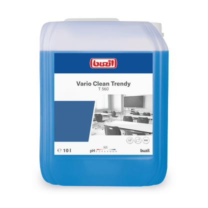 A 10-liter container of Buzil Vario Clean Trendy T 560 neutral gentle and plastic cleaner from BUZIL-WERK Wagner GmbH & Co. KG offers an easy-to-clean effect for smooth maintenance. The label shows a school image as well as product details like pH value and volume. The blue container with a white cap ensures streak-free shine every time.