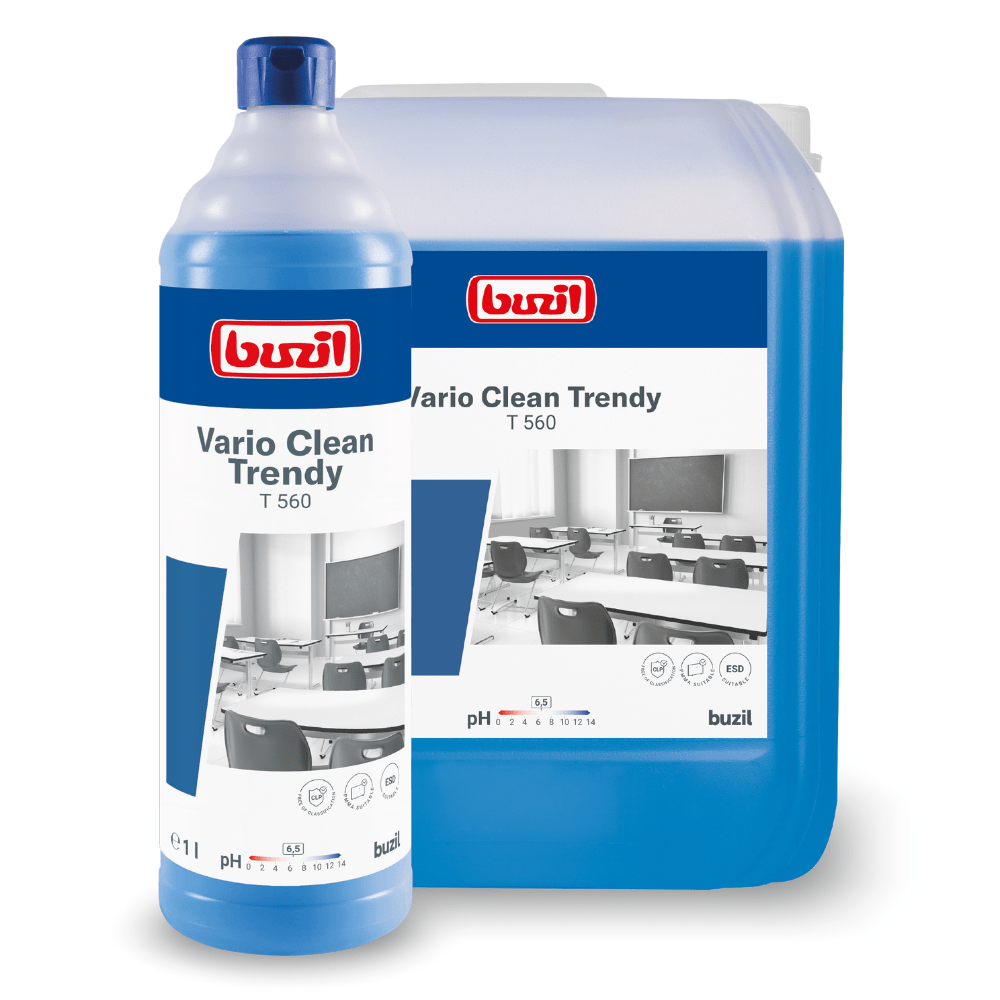 A bottle and a large container of the neutral gentle and plastic cleaner Buzil Vario Clean Trendy T 560 from BUZIL-WERK Wagner GmbH & Co. KG promise an easy-to-clean effect. The bottle with the promise of streak-free shine is placed in front of the container, both are adorned with a school class picture. The liquid inside shines blue.