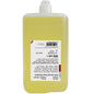 A transparent, rectangular CWS plastic bottle (950 ml) is filled with high-quality, yellow soap cream. On the inverted bottle, there is a white-red label with multilingual information. Enjoy a pleasant skin feeling with every use.