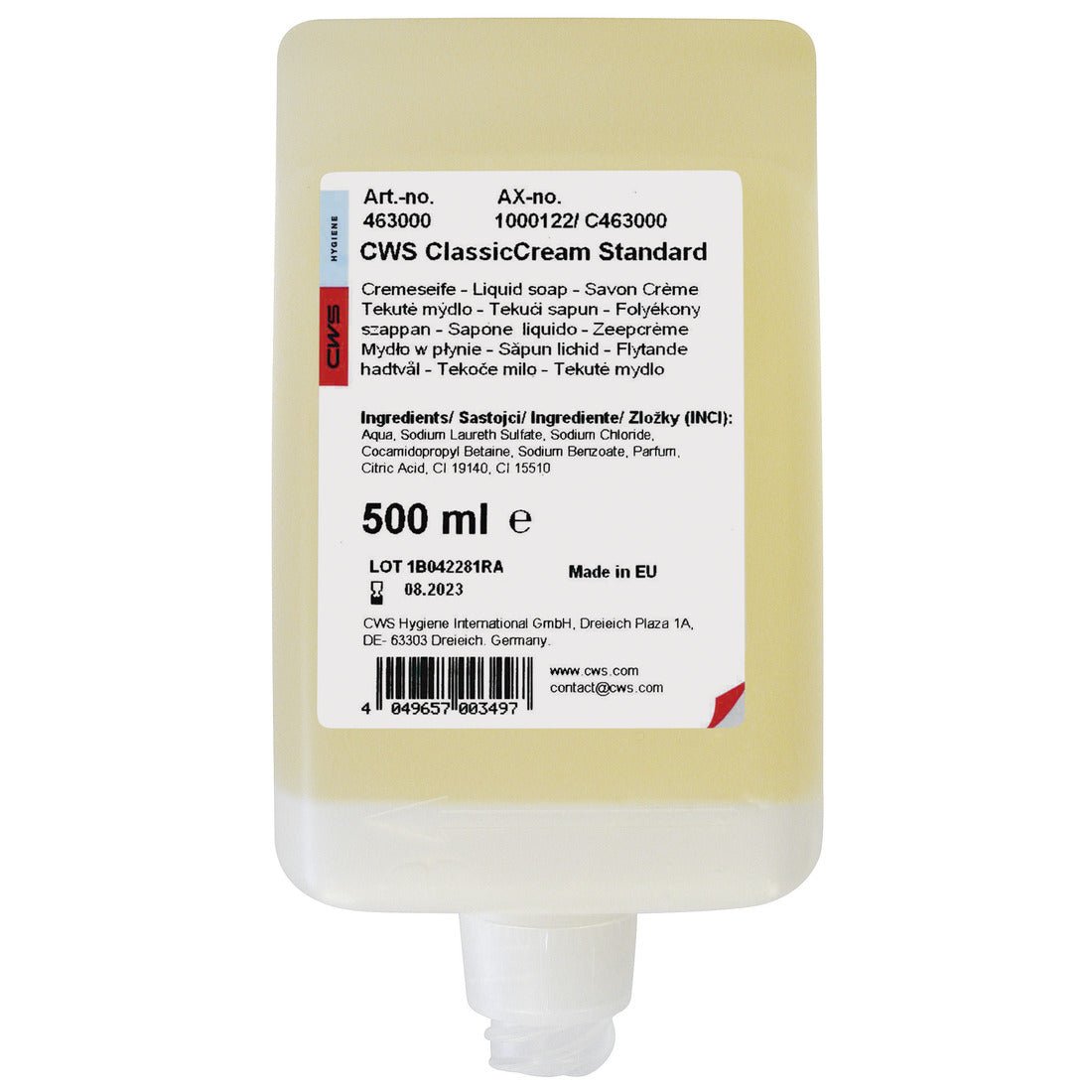 A 500 ml clear CWS soap cream standard dispenser bottle with a white cap at the bottom and a multilingual label with product details, ingredients, and contact information. Brand: CWS.