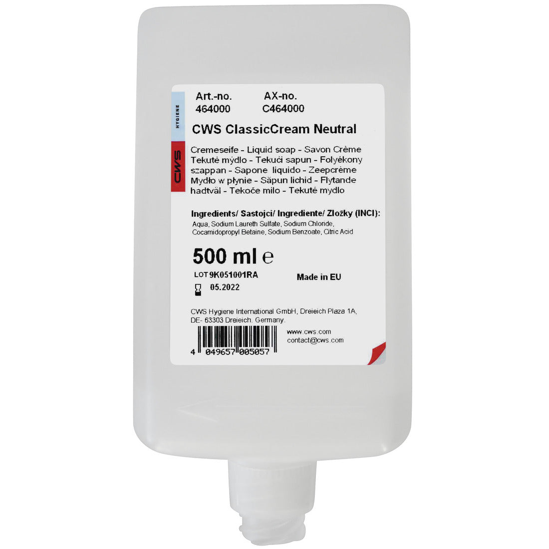 A white 500 ml plastic bottle CWS soap cream standard by CWS with a label listing the ingredients, multilingual descriptions, barcode, and manufacturing details.