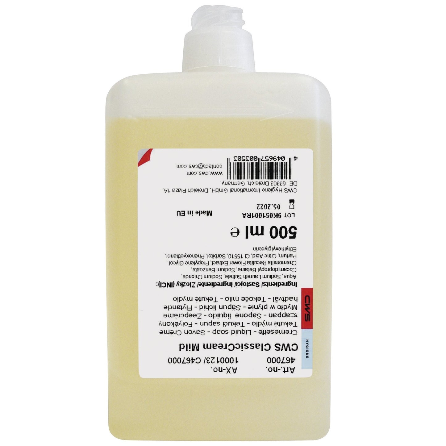 A clear plastic bottle with a white flip-top cap contains a yellowish liquid soap. The inverted label reads "CWS soap cream standard 500 ml" by CWS and displays product details as well as a barcode.
