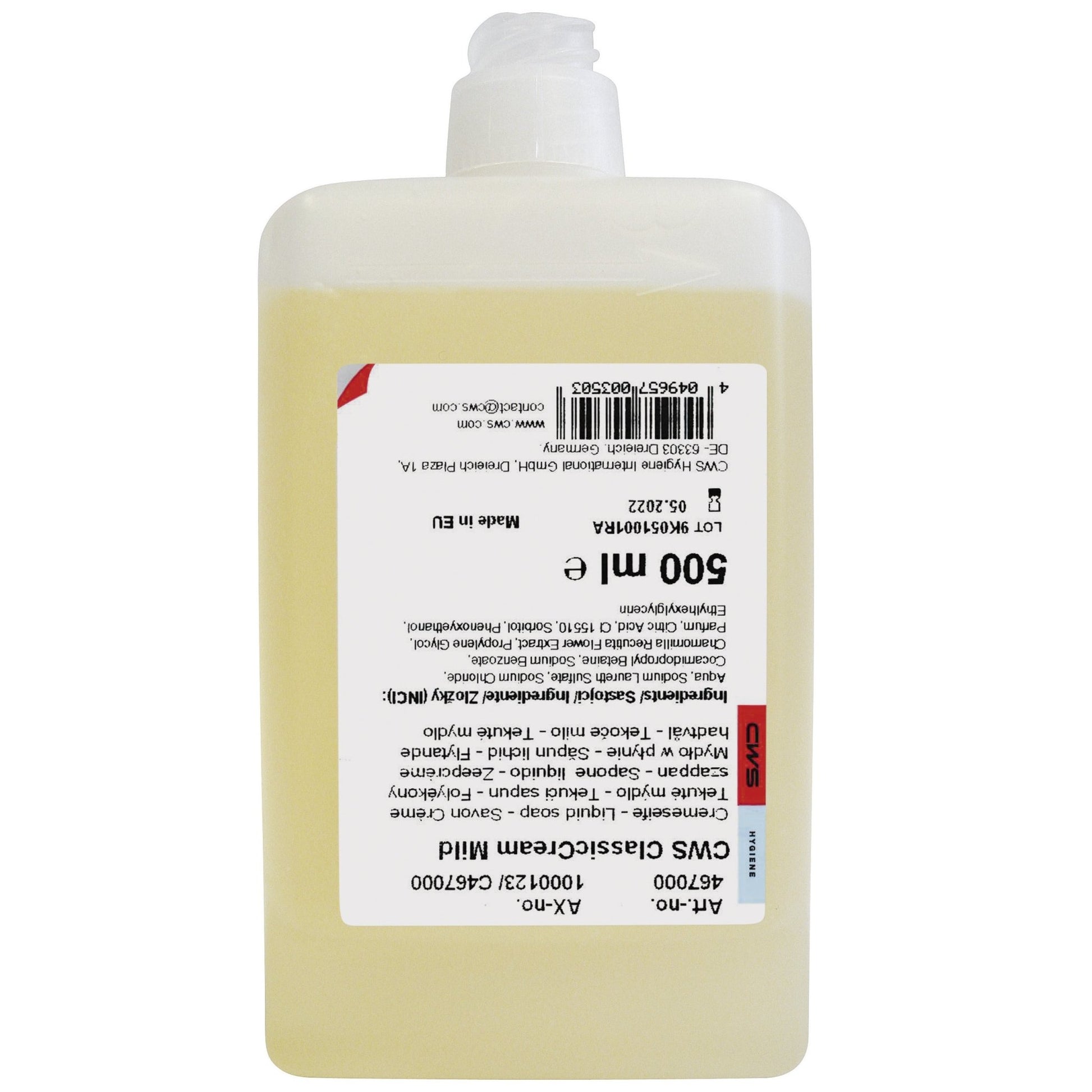 A clear plastic bottle with a white flip-top cap contains a yellowish liquid soap. The inverted label reads "CWS soap cream standard 500 ml" by CWS and displays product details as well as a barcode.