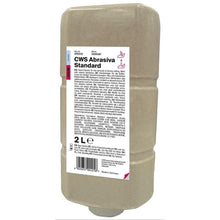 A beige plastic bottle labeled "CWS Hand Cleaner Abrasiva, 2000 ml" from CWS has a white multilingual label with product details and ingredients. This rectangular, rounded package is an effective hand cleaner made in Germany.