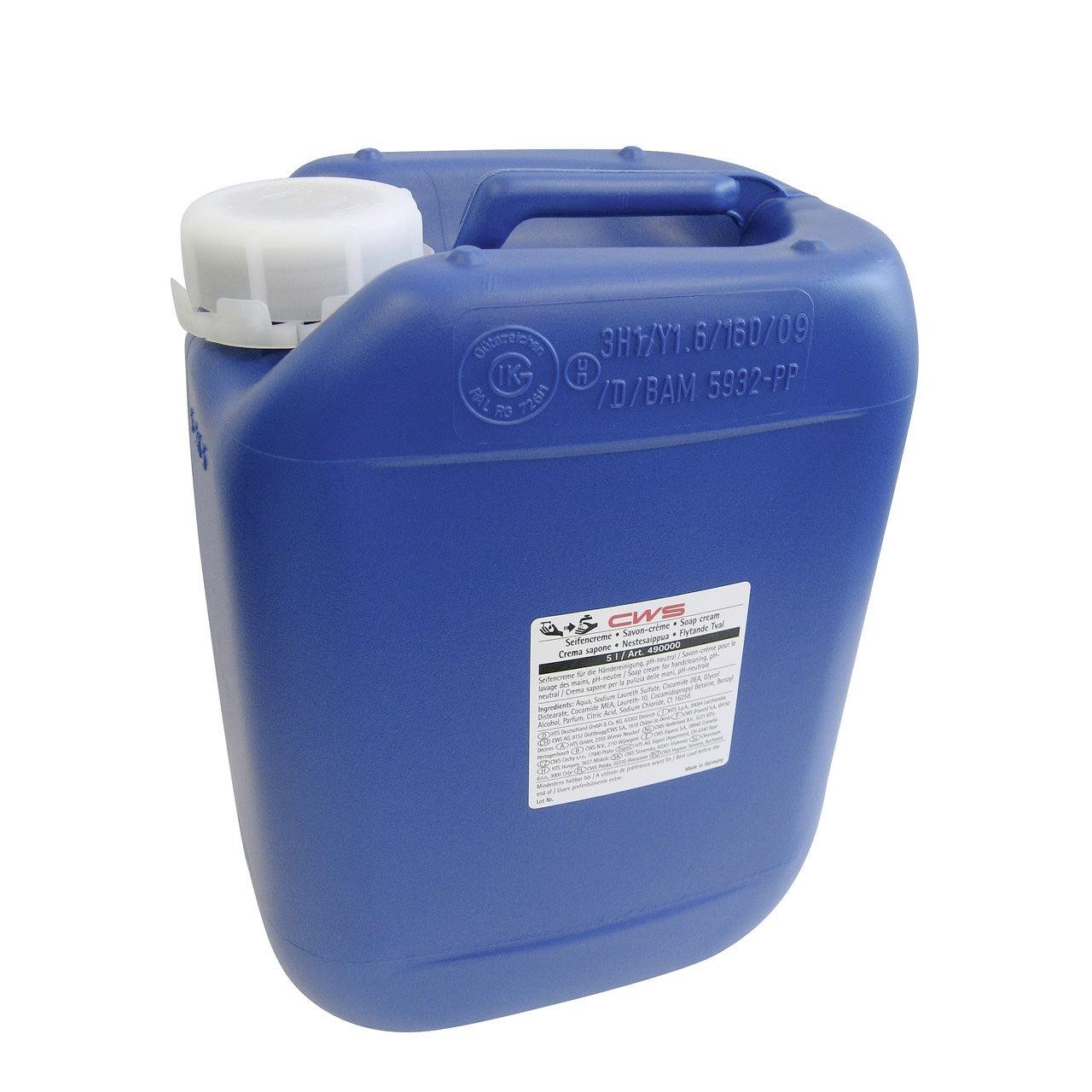 A blue 5L CWS plastic canister with a white screw cap and handle contains CWS soap cream liquid hand soap. The container has a rectangular white label with text and symbols on the front.