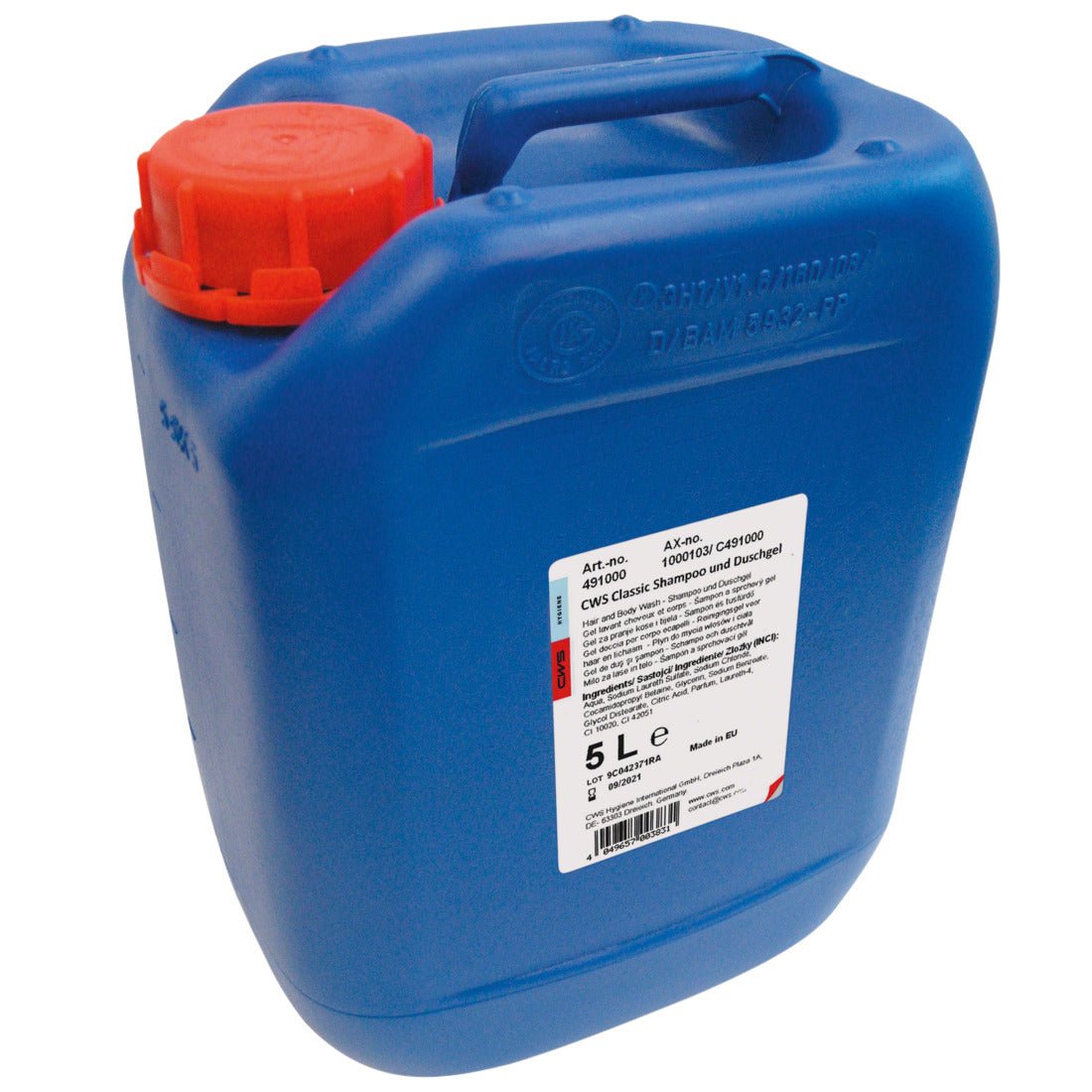 The CWS shower gel is delivered in a blue 5-liter canister with a handle, red screw cap, and a white label with text and barcode - perfect for storing or refilling shower gel.