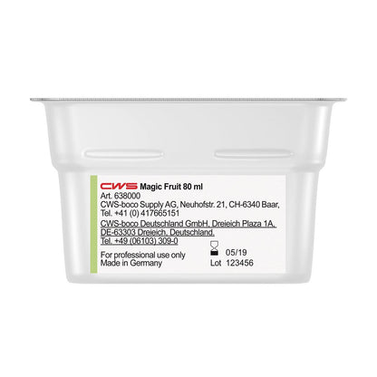 A small, rectangular plastic container labeled "CWS ParadiseLine Washroom Fragrance for Fragrance Dispenser Paradise Air Bar" by CWS, with contact details, manufacturer information, and application instructions on a white side label.