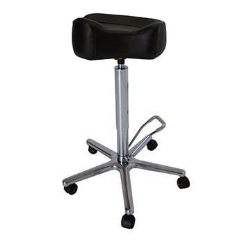 The Novocal operating chair with saddle seat features a stainless steel finish, a 5-fold die-cast base, and height adjustment for smooth mobility.