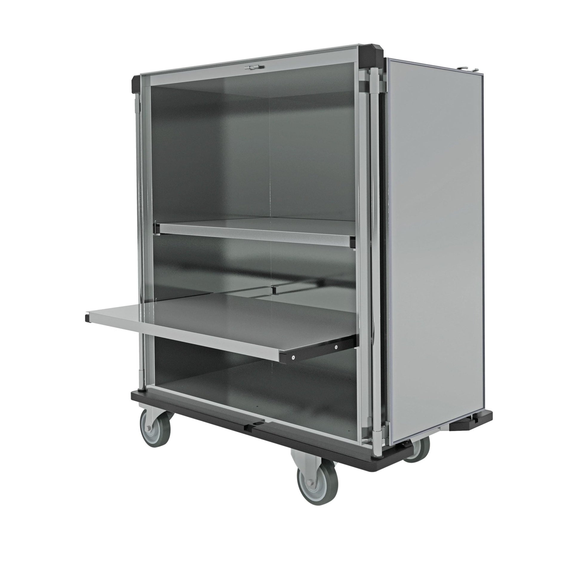 The Novocal sterile goods transport trolley made of satin-finished stainless steel has four wheels, an open front area, a pull-out shelf, an additional inner compartment, and corner protection. Package: 1 piece.