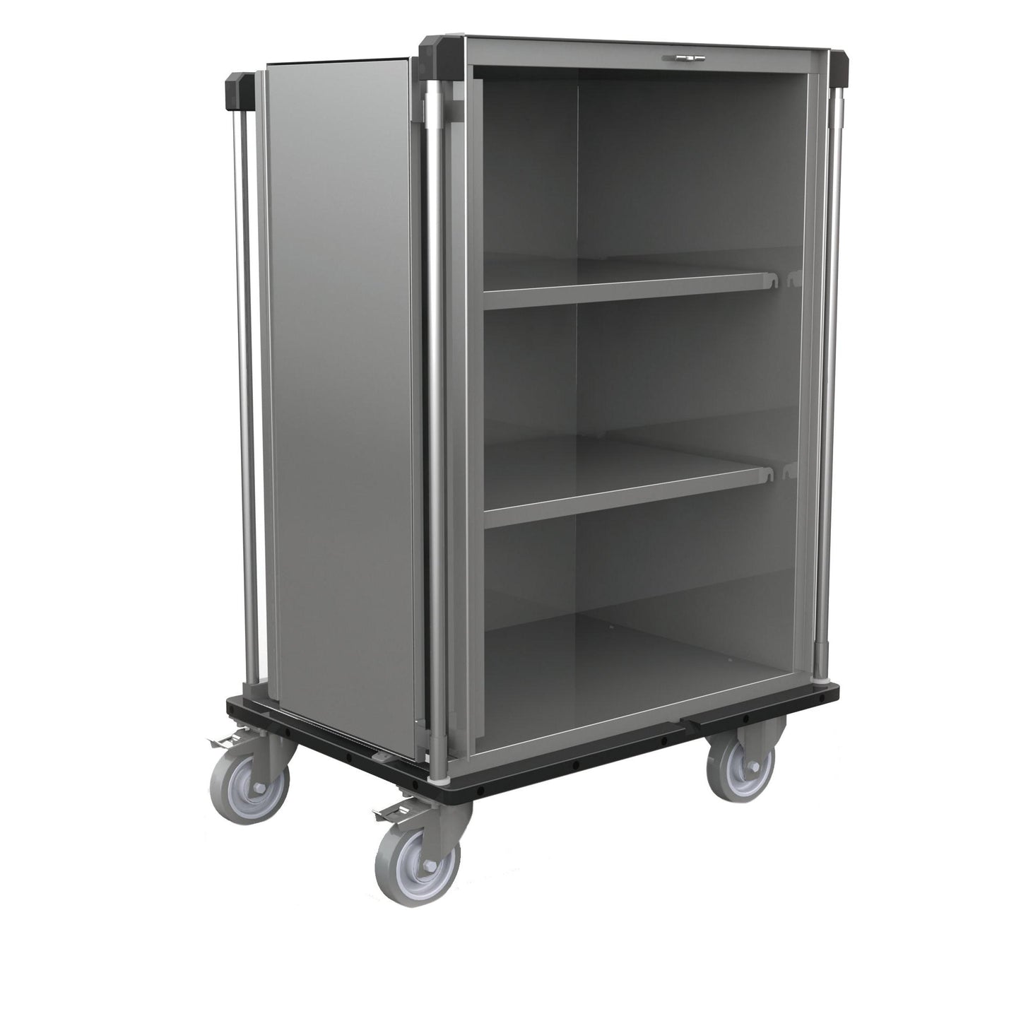 The Novocal sterile goods transport cart features a body made of satin-finished stainless steel, two shelves, four swivel casters, and an open front for easy access. The hygiene cart is largely enclosed and ideal for transporting sterile goods.