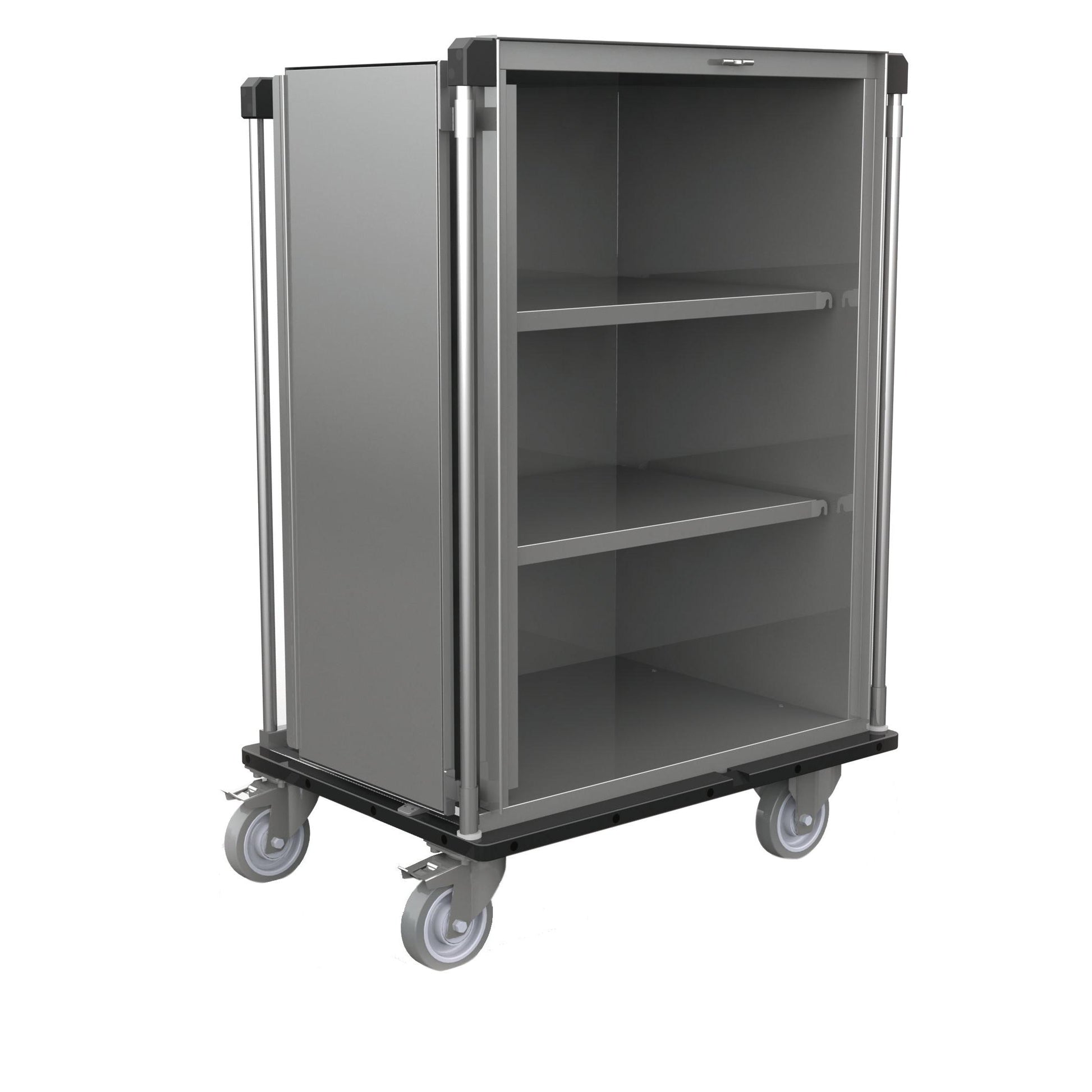 The Novocal sterile goods transport cart features a body made of satin-finished stainless steel, two shelves, four swivel casters, and an open front for easy access. The hygiene cart is largely enclosed and ideal for transporting sterile goods.
