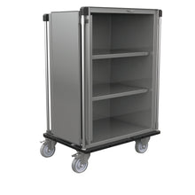 The Novocal sterile goods transport cart features a body made of satin-finished stainless steel, two shelves, four swivel casters, and an open front for easy access. The hygiene cart is largely enclosed and ideal for transporting sterile goods.