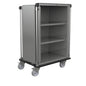 The Novocal sterile goods transport cart features a body made of satin-finished stainless steel, two shelves, four swivel casters, and an open front for easy access. The hygiene cart is largely enclosed and ideal for transporting sterile goods.
