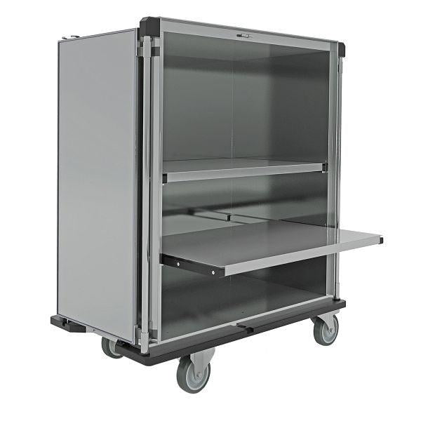 The Novocal sterile goods transport cart is a large, gray cart with wheels, an open front, two shelves, and a pull-out metal shelf made of satin-finished stainless steel - ideal for transporting or storing sterile goods in medical facilities.