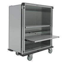 The Novocal sterile goods transport cart is a large, gray cart with wheels, an open front, two shelves, and a pull-out metal shelf made of satin-finished stainless steel - ideal for transporting or storing sterile goods in medical facilities.