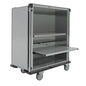 The Novocal sterile goods transport cart is a large, gray cart with wheels, an open front, two shelves, and a pull-out metal shelf made of satin-finished stainless steel - ideal for transporting or storing sterile goods in medical facilities.