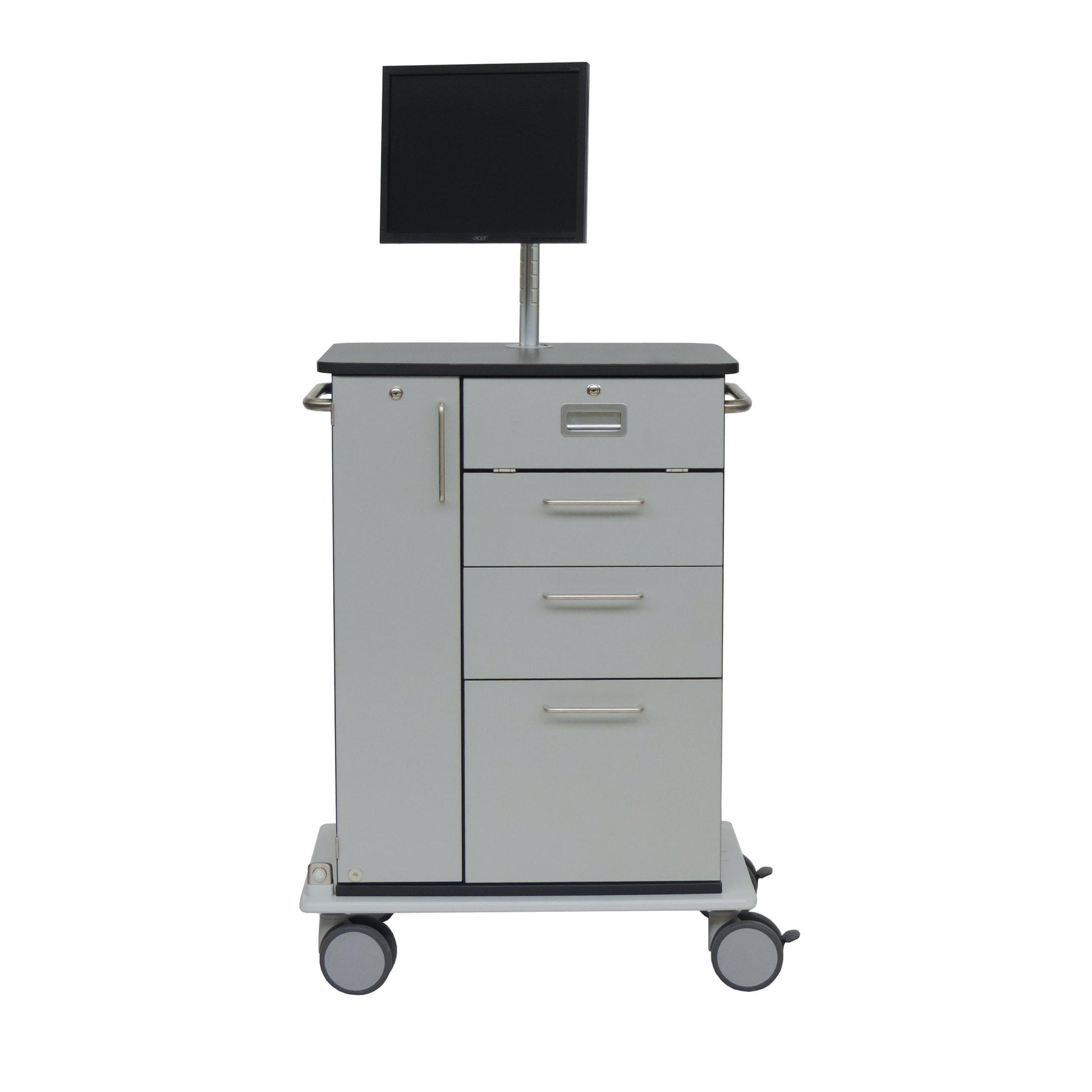 The Novocal Computer Trolley Model III features three drawers, a cabinet, metal handles, a flat monitor surface, and a forward-sliding keyboard tray with shell handle - ideal for organizing the computer workstation. Package: 1 piece.