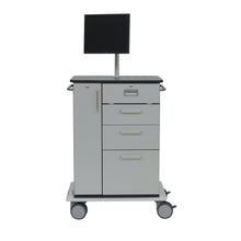 The Novocal Computer Trolley Model III features three drawers, a cabinet, metal handles, a flat monitor surface, and a forward-sliding keyboard tray with shell handle - ideal for organizing the computer workstation. Package: 1 piece.