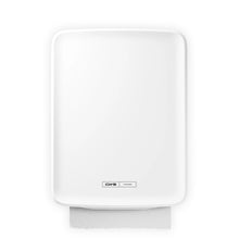 A white, wall-mounted CWS PureLine Paperroll NT Hybrid dispenser with a visible paper towel sheet hanging below. There is a small "CWS" label and product information on the front. Sold in a pack of 1 piece.