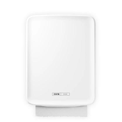 A white, wall-mounted CWS PureLine Paperroll NT Hybrid dispenser with a visible paper towel sheet hanging below. There is a small "CWS" label and product information on the front. Sold in a pack of 1 piece.