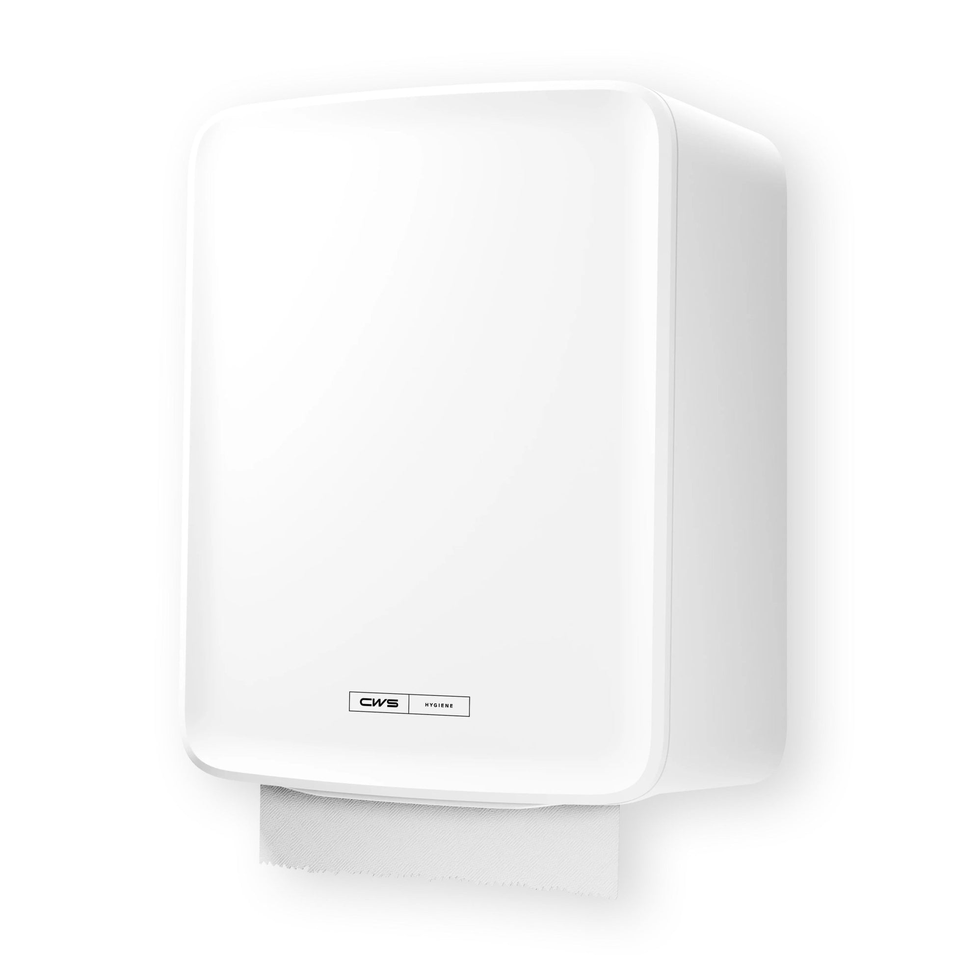 A white, wall-mounted CWS PureLine Paperroll NT Hybrid from CWS, with a partially visible paper towel below and a small rectangular label on the front.