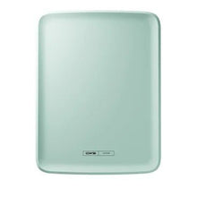 The rectangular, light green CWS PureLine front plate for the Paperroll NT Hybrid dispenser with rounded edges features a small black and white label with the inscription "DMS kitchen" at the bottom center, standing out against a plain white background.