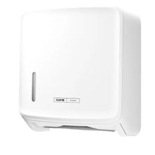 The CWS PureLine Paper Folded Paper Dispenser | Pack (1 piece) by CWS is a white, wall-mounted dispenser with a front window and bottom slot, ensuring hygienic storage and a modern appearance.