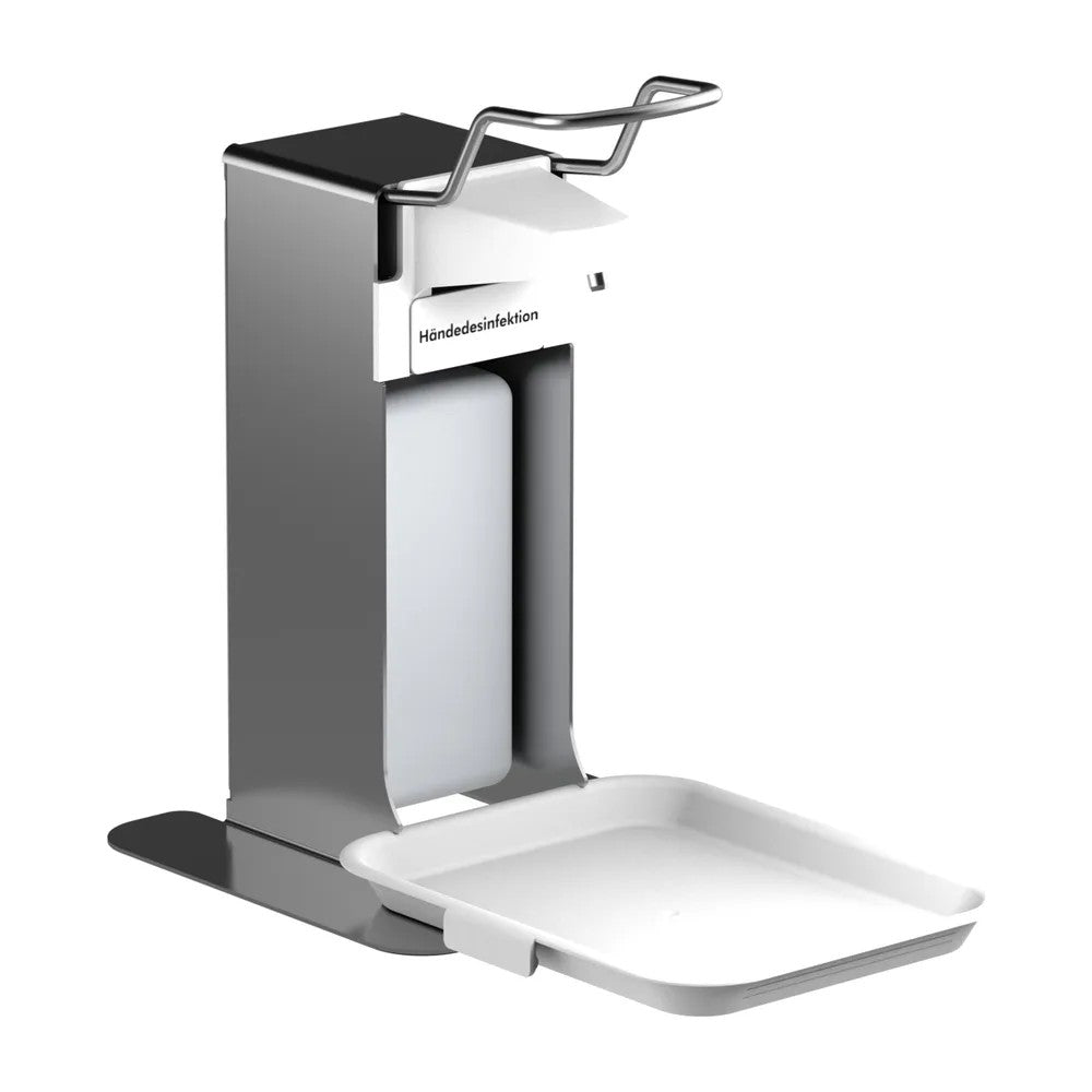 The CWS drip tray for desiTop (1 piece) is a white drip tray from CWS, designed for the bathroom or next to the desiTop washbasin. Ideal under a wall-mounted metal disinfectant dispenser with a lever and refillable bottle. Label: "Hand disinfection.