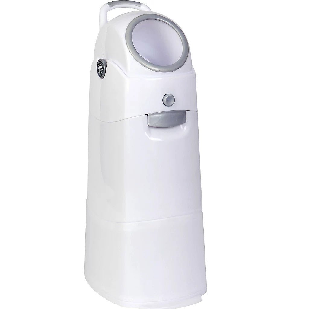 The CWS ParadiseLine diaper pail, white (1 piece), features a rounded top, a gray handle, and a front-opening door for odor-free disposal. Its modern design fits in any nursery. Brand: CWS.