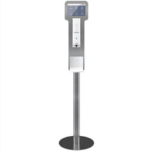 A freestanding CWS ParadiseLine drip tray, suitable for Disinfect NT, serves as a drip tray below the disinfectant dispenser station with touchscreen attachment and round metal base for a hygienic environment.