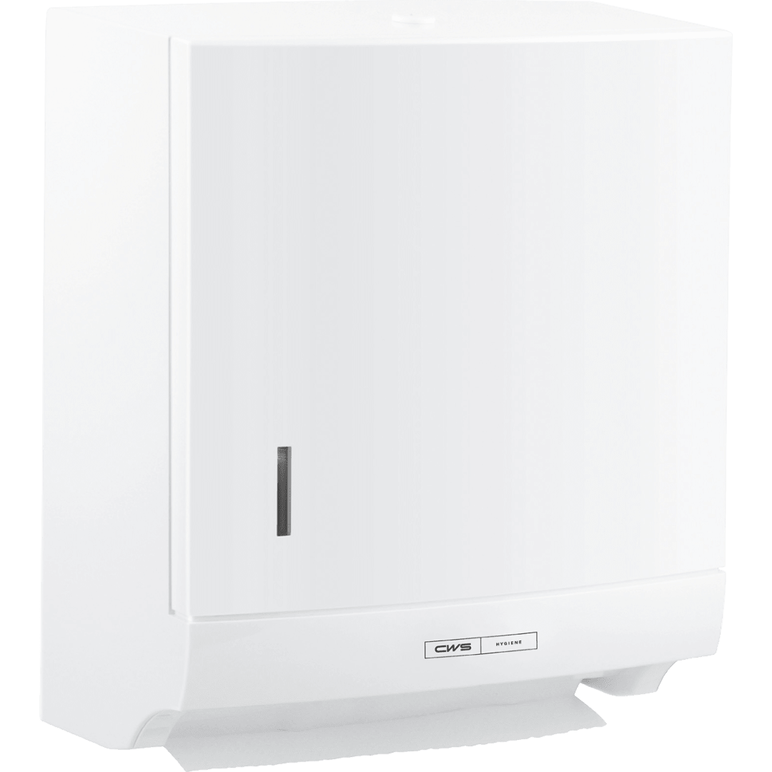 The CWS ParadiseLine Paper Slim folded paper towel dispenser in white with push button offers hygienic, wall-mounted paper dispensing and features a slim design as well as a panel for fill level control.