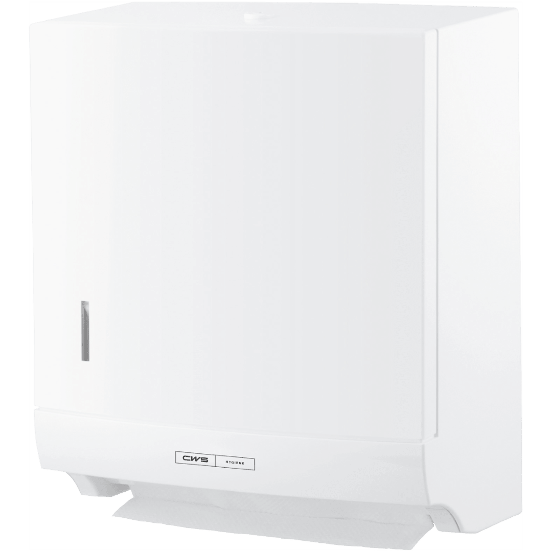 The CWS ParadiseLine Paper Slim folded paper towel dispenser, white, with push button impresses with its slim, rectangular design. The CWS logo is visible at the front and a paper sheet protrudes at the bottom for hygienic operation.