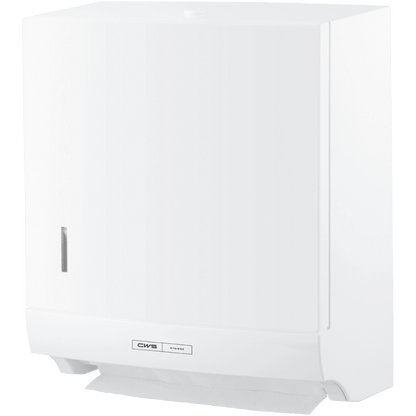 The CWS ParadiseLine Paper Slim folded paper towel dispenser, white, with push button impresses with its slim, rectangular design. The CWS logo is visible at the front and a paper sheet protrudes at the bottom for hygienic operation.