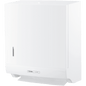 The CWS ParadiseLine Paper Slim folded paper towel dispenser, white, with push button impresses with its slim, rectangular design. The CWS logo is visible at the front and a paper sheet protrudes at the bottom for hygienic operation.