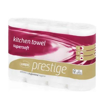 A pack of CWS Prestige 3-ply kitchen rolls, high white, contains 8 packs of white, super soft, and easy-to-clean kitchen rolls in chestnut brown and golden design with the branding "welcome Professional Hygiene".