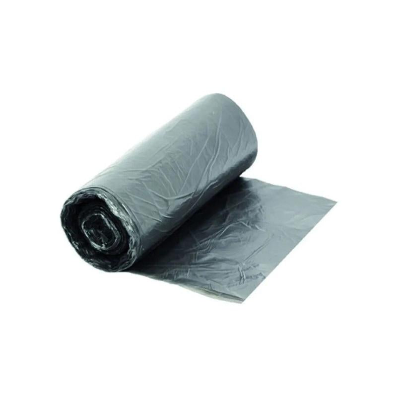 A partially unrolled gray CWS poly bag from CWS lies on a white background, which highlights the bag's texture and durable polyethylene material.