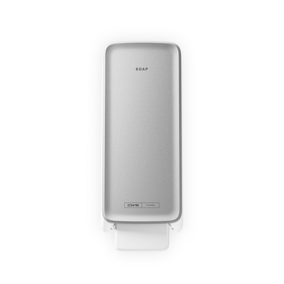 The CWS PureLine Cream soap dispenser is a silver, rectangular wall soap dispenser with the inscription "SOAP" and "CWS" on a plain white background - perfect for any washroom.