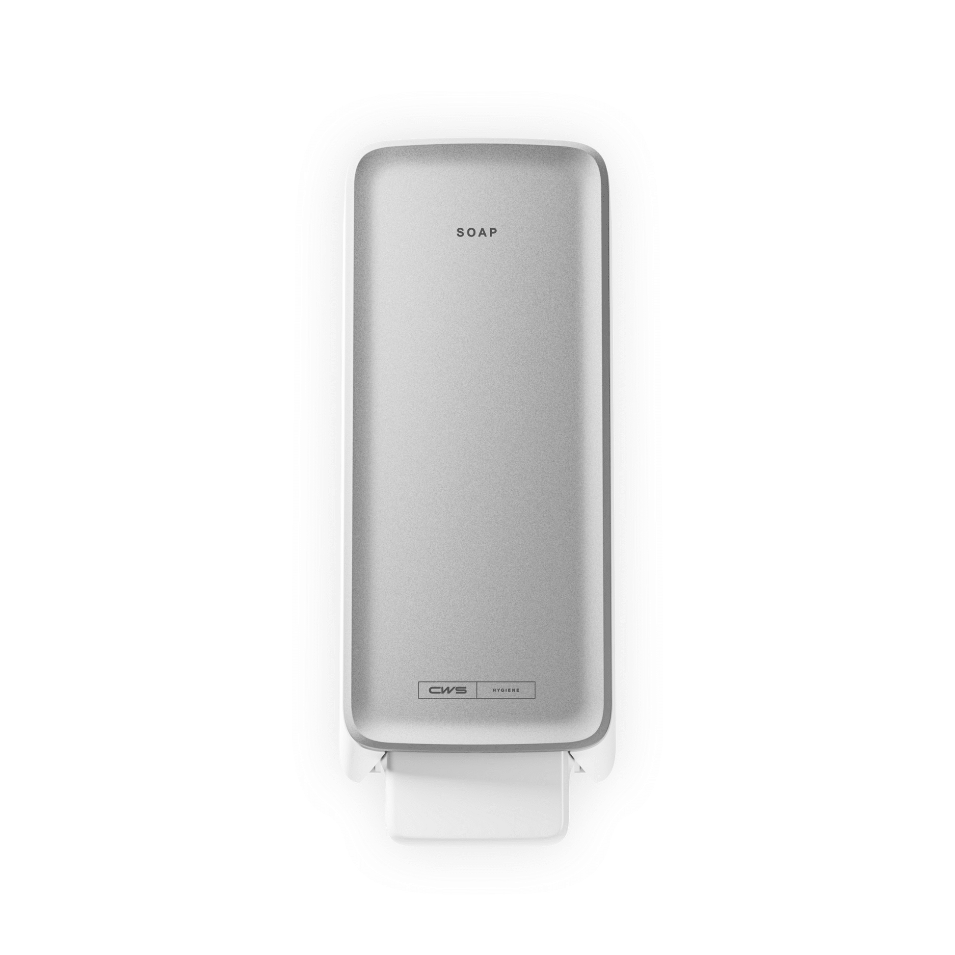 The CWS PureLine Foam soap dispenser is a wall-mounted, rectangular, silver dispenser with "SOAP" printed on top, a white lever, and the CWS brand logo at the bottom - perfect for any washroom.