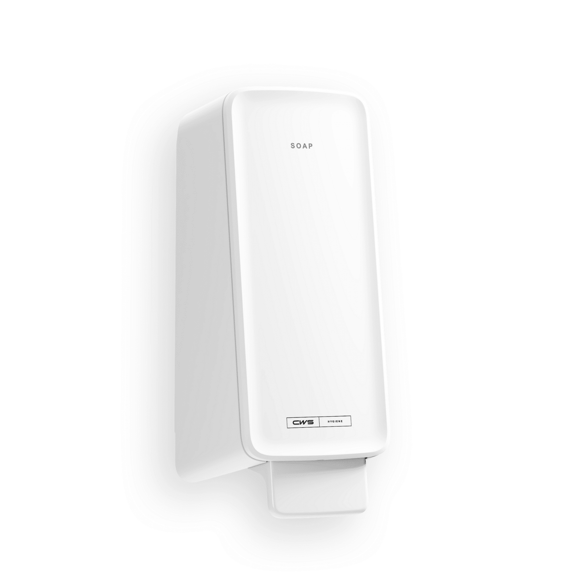 The CWS PureLine Cream soap dispenser by CWS is a white, rectangular wall soap dispenser with the "SOAP" inscription on top and a push lever at the bottom, ideal for any washroom and against a plain white background.