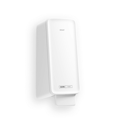 The CWS PureLine Cream soap dispenser by CWS is a white, rectangular wall soap dispenser with the "SOAP" inscription on top and a push lever at the bottom, ideal for any washroom and against a plain white background.