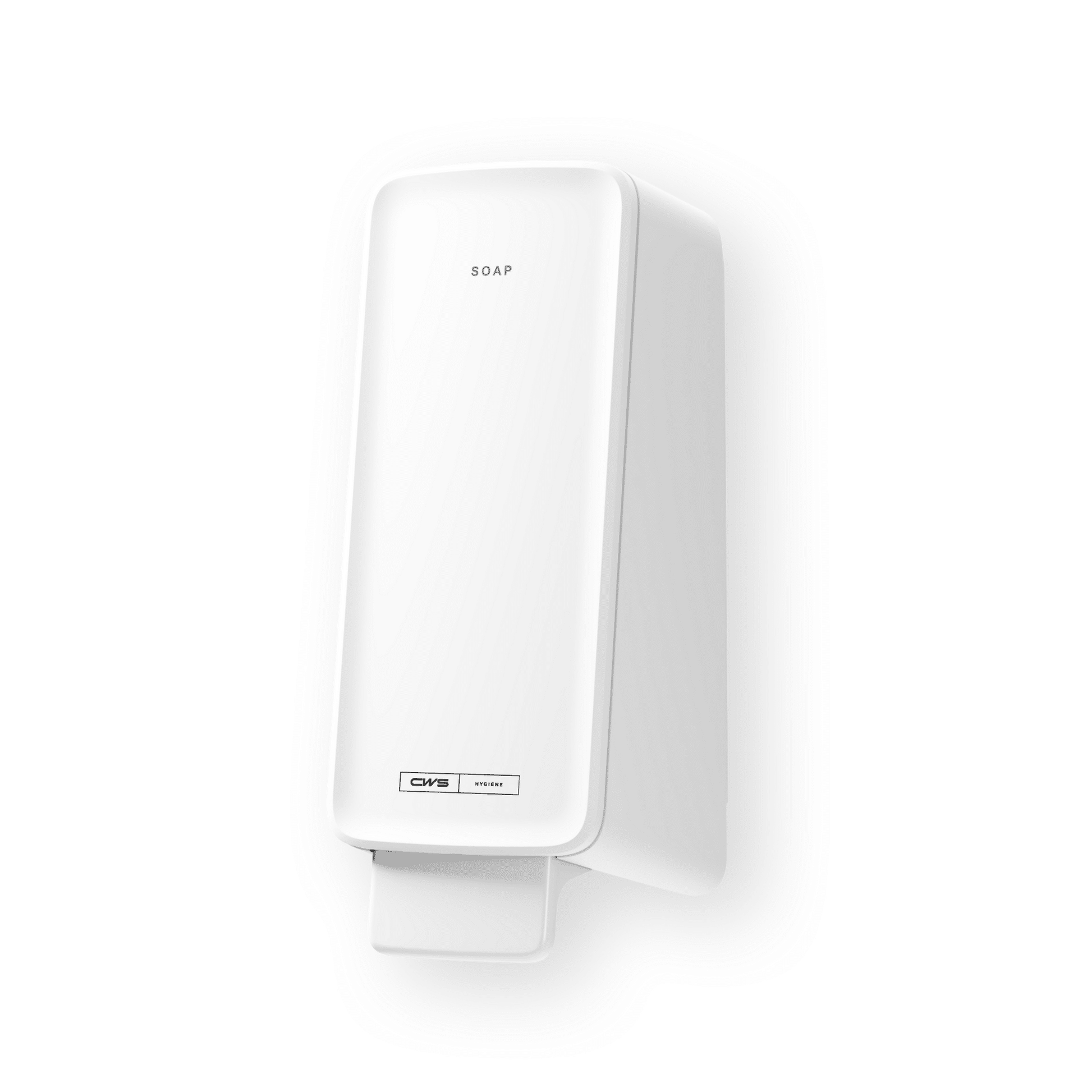 The CWS PureLine Cream soap dispenser by CWS is a rectangular, white, wall-mounted soap dispenser for washrooms, with "SOAP" printed on top and a push lever at the bottom. Certified with the EU Ecolabel.